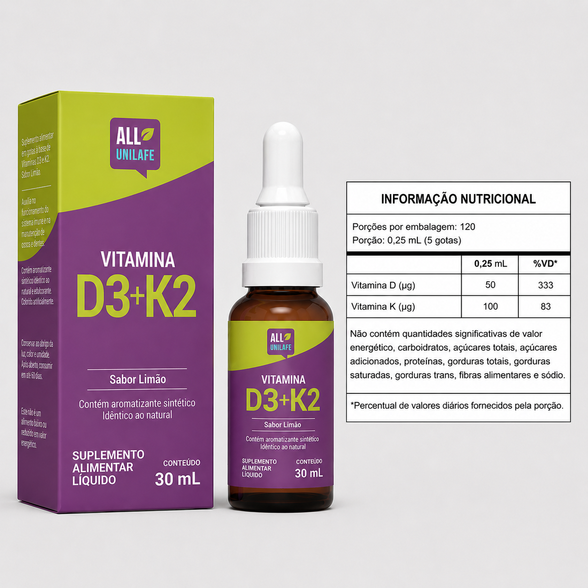 Vitamina D3+K2 Líquida | 30 mL | Sabor Limão